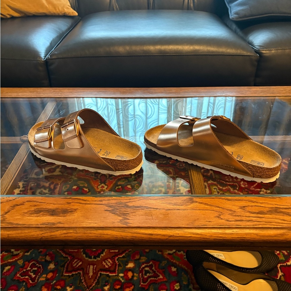 Birkenstock Arizona Metallic Bronze Two-Strap Sandals - Picture 6 of 9